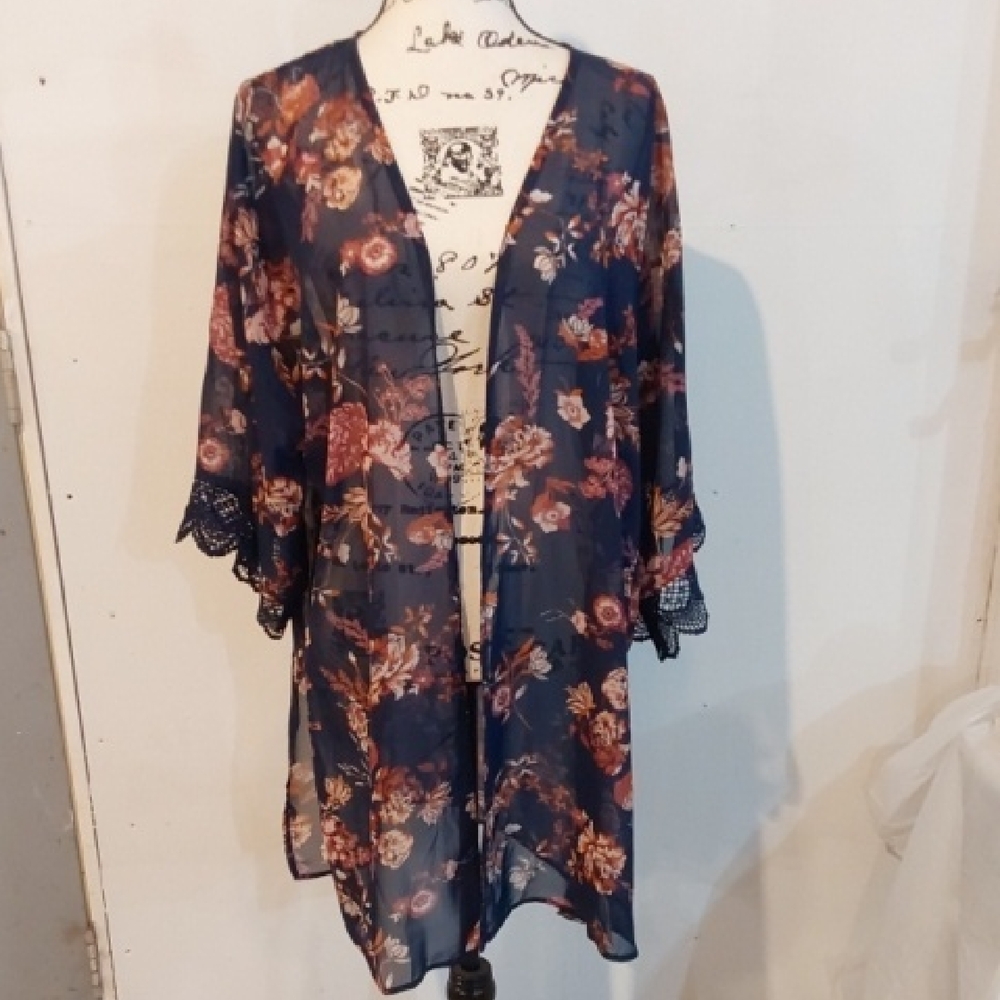 Wall Flower| Navy Floral Sheer Open Kimono Cover Up Crochet Detail Sleeve Sz.XL